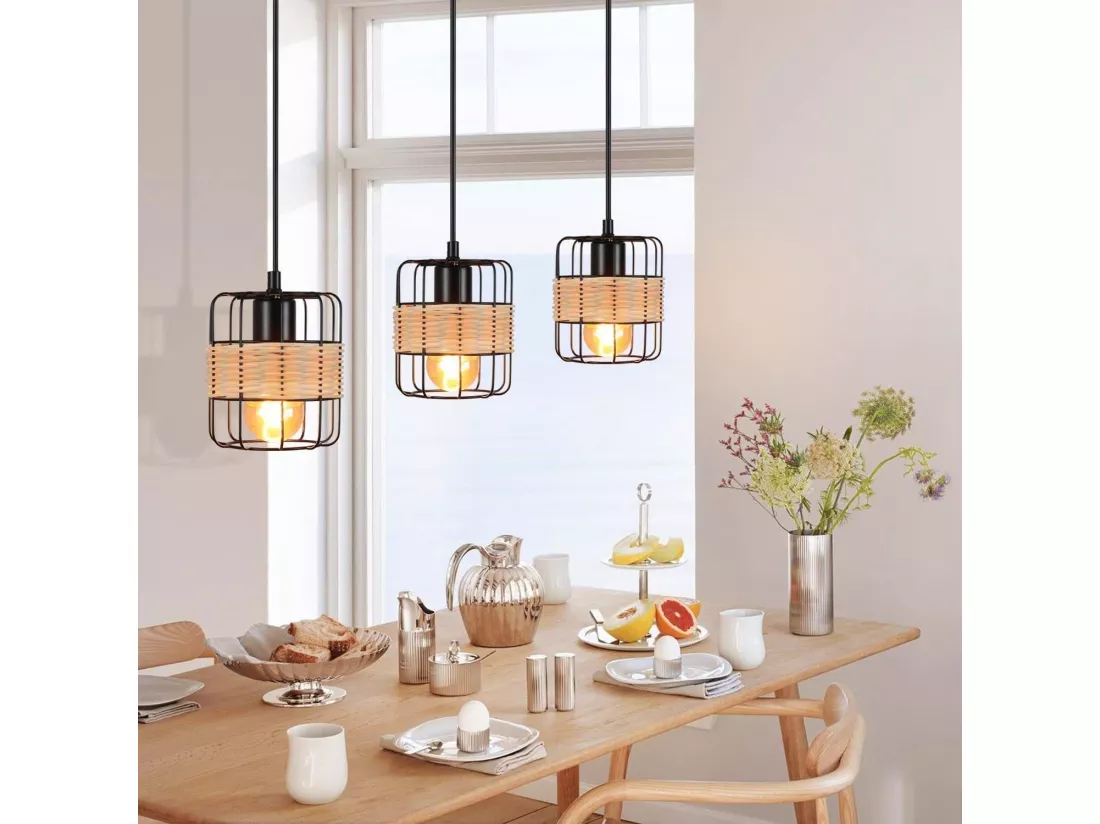 NETTLIFE Suspension Métal Noir Diam.25cm E27 Vintage Rustique Rond 3 Ampoules Rétro Rotin Lampe de Salon Métal Naturel pour Salle à Manger Chambre