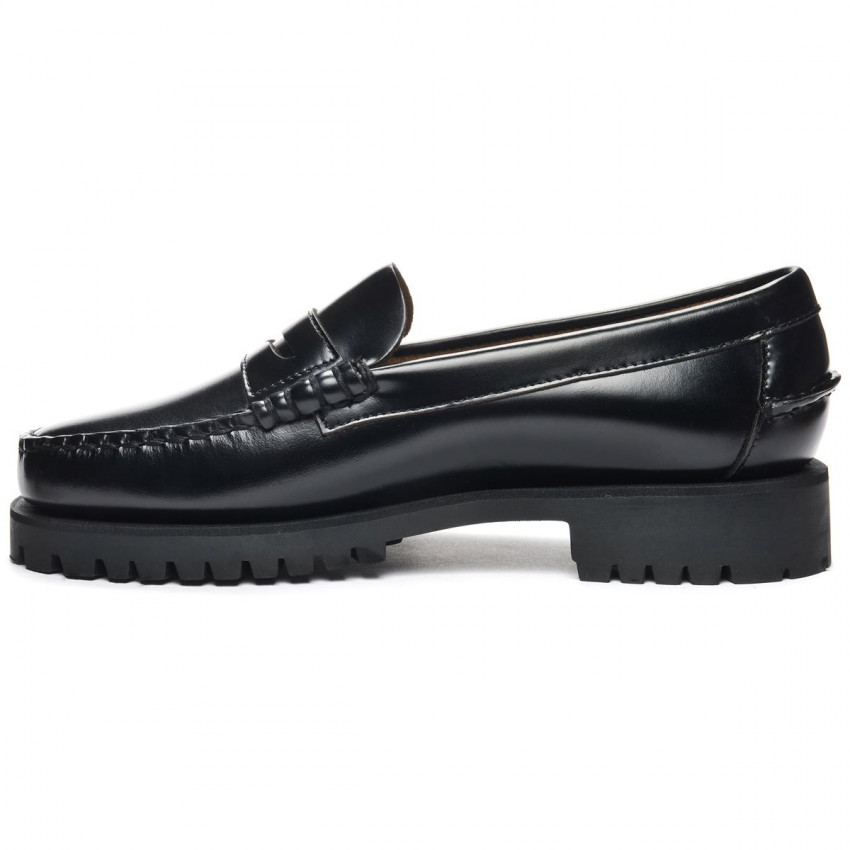 DAN LUG BLACK MOCASSIN-Mocassin semelle crantée pour femme en cuir coloris noir