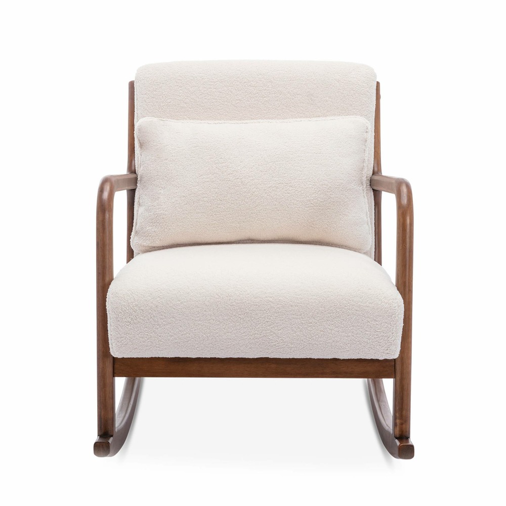 Fauteuil à bascule design en bois et tissu. Bouclettes blanches. Structure hévéa teinté noyer clair