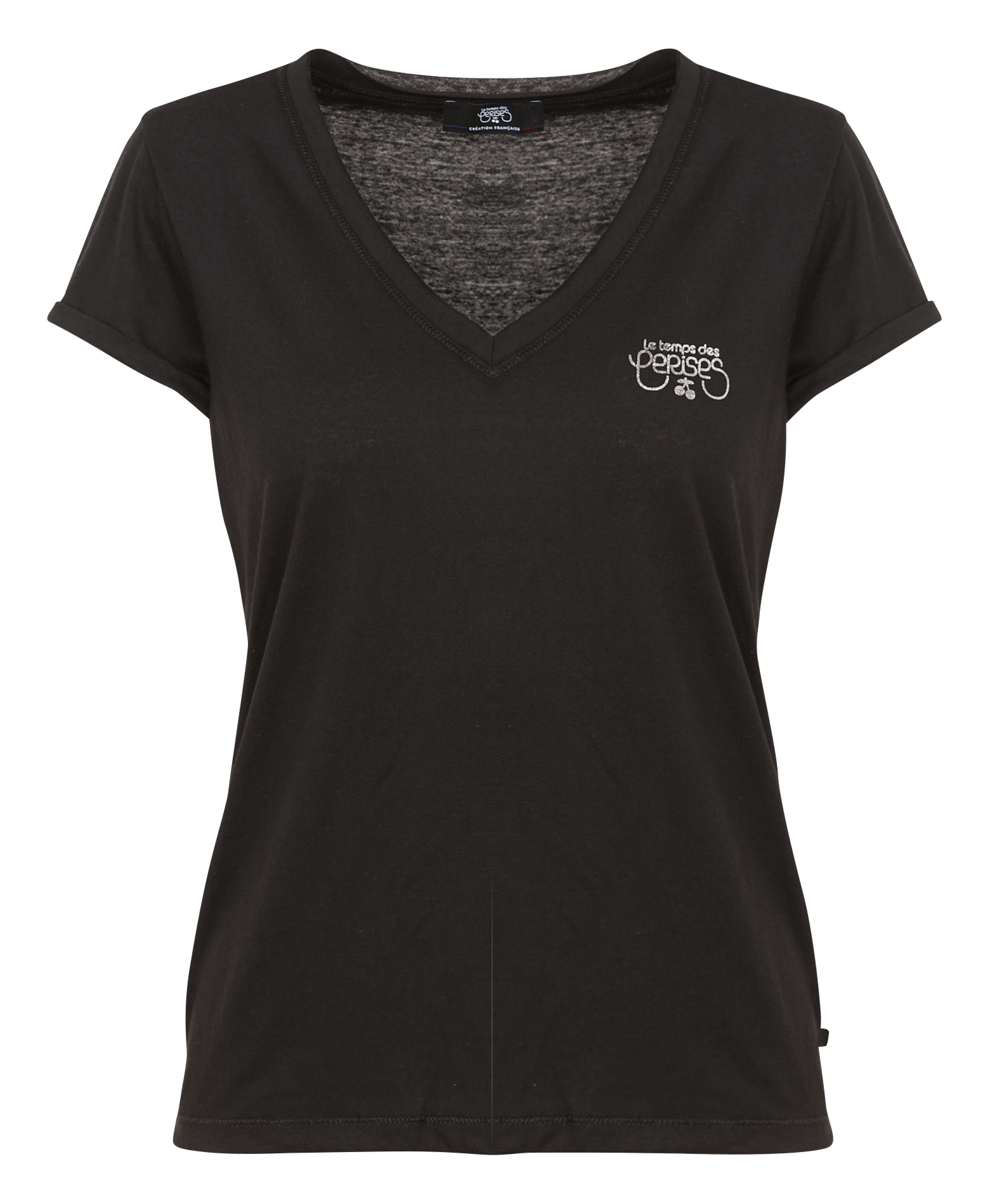Tee-shirt droit col V sérigraphié en lin | Noir