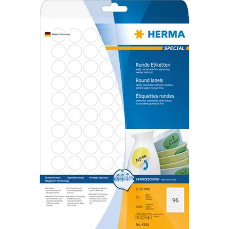 HERMA Ablösbare Etiketten, weiß, rund, Ø 20mm, 2400 Stück