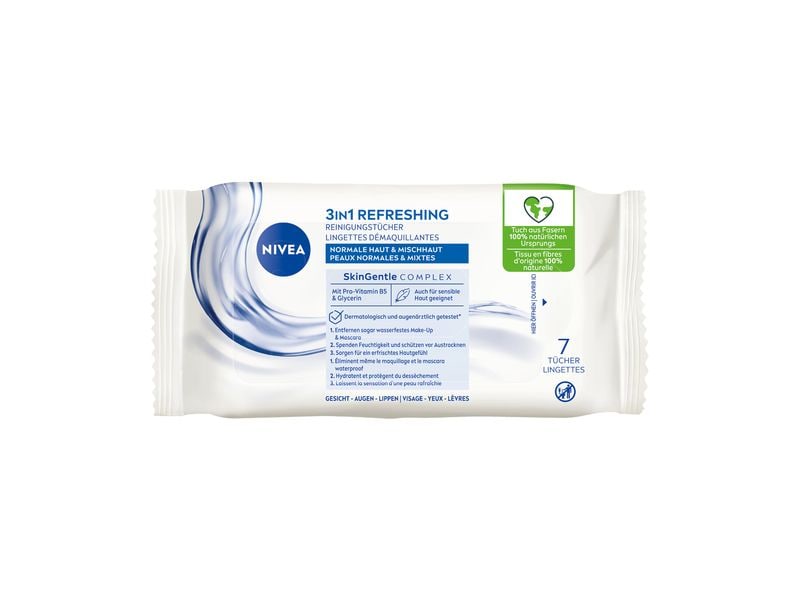 NIVEA Reinigungstücher 3in1 Erfrischend 7 Stück Tücher reinigen die Haut gründlich und spenden Feuchtigkeit