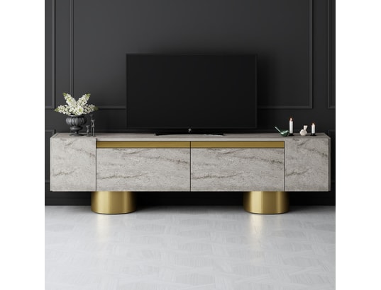 CONCEPT1 - Meuble TV Bohem - Travertin, Or 180 x 50 x 30