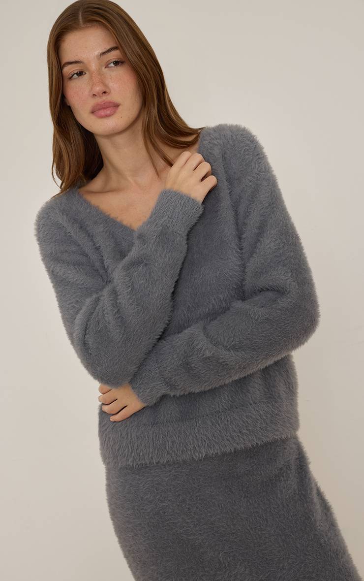 Gris Synthétiquell En Maille Duveteuse Col V Oversize