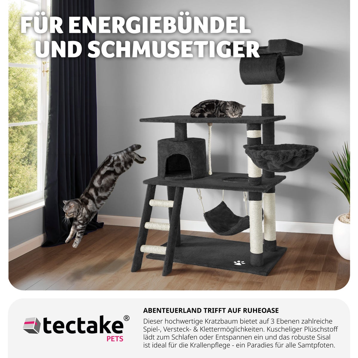 tectake Marcel 141 cm krabpaal inclusief trap, speeltouw en kantelbeveiliging
