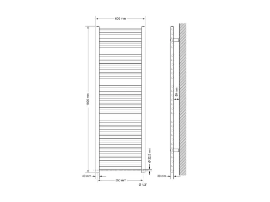 Radiateur avec Elément Chauffant Electrique 900W, 600 x 1800 mm, Blanc, Connexion Latéral