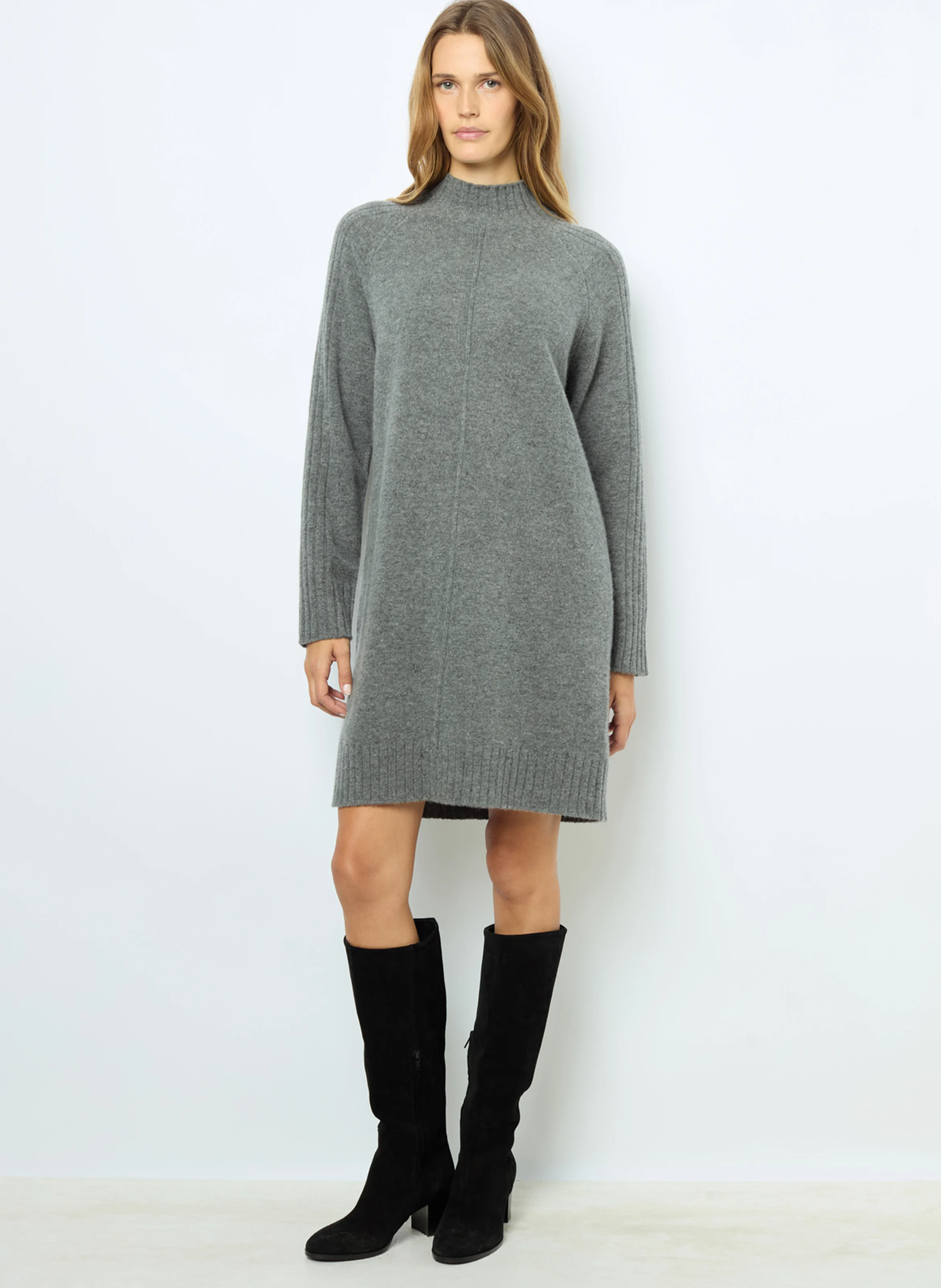 SOLIA - Robe pull droite col montant en laine mélangée | Gris