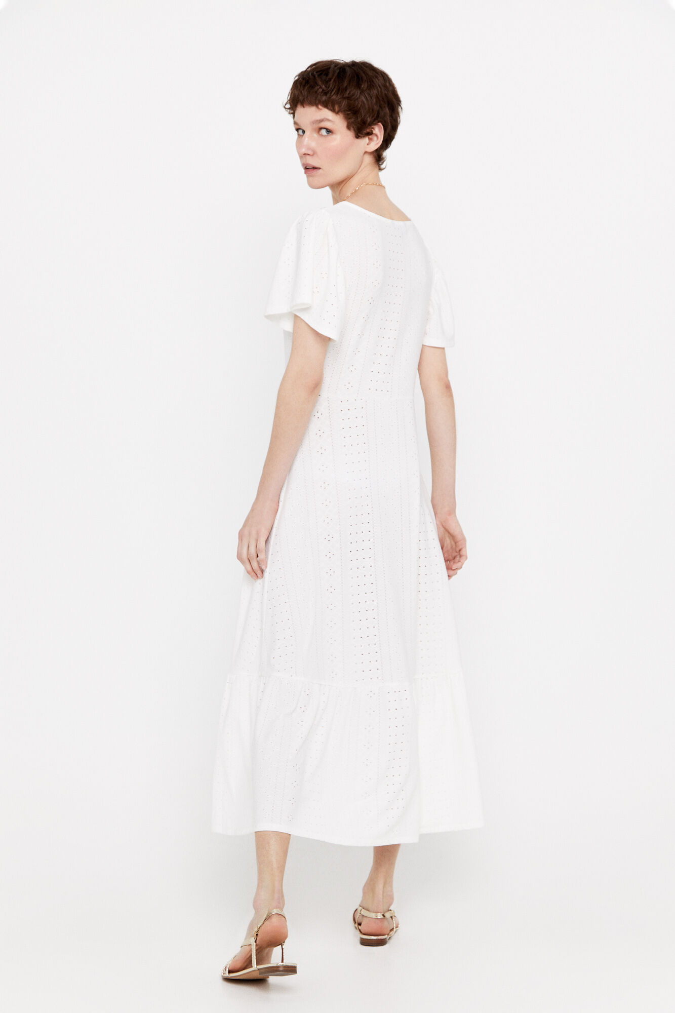 Vestido de malha vazada com babado - Branco