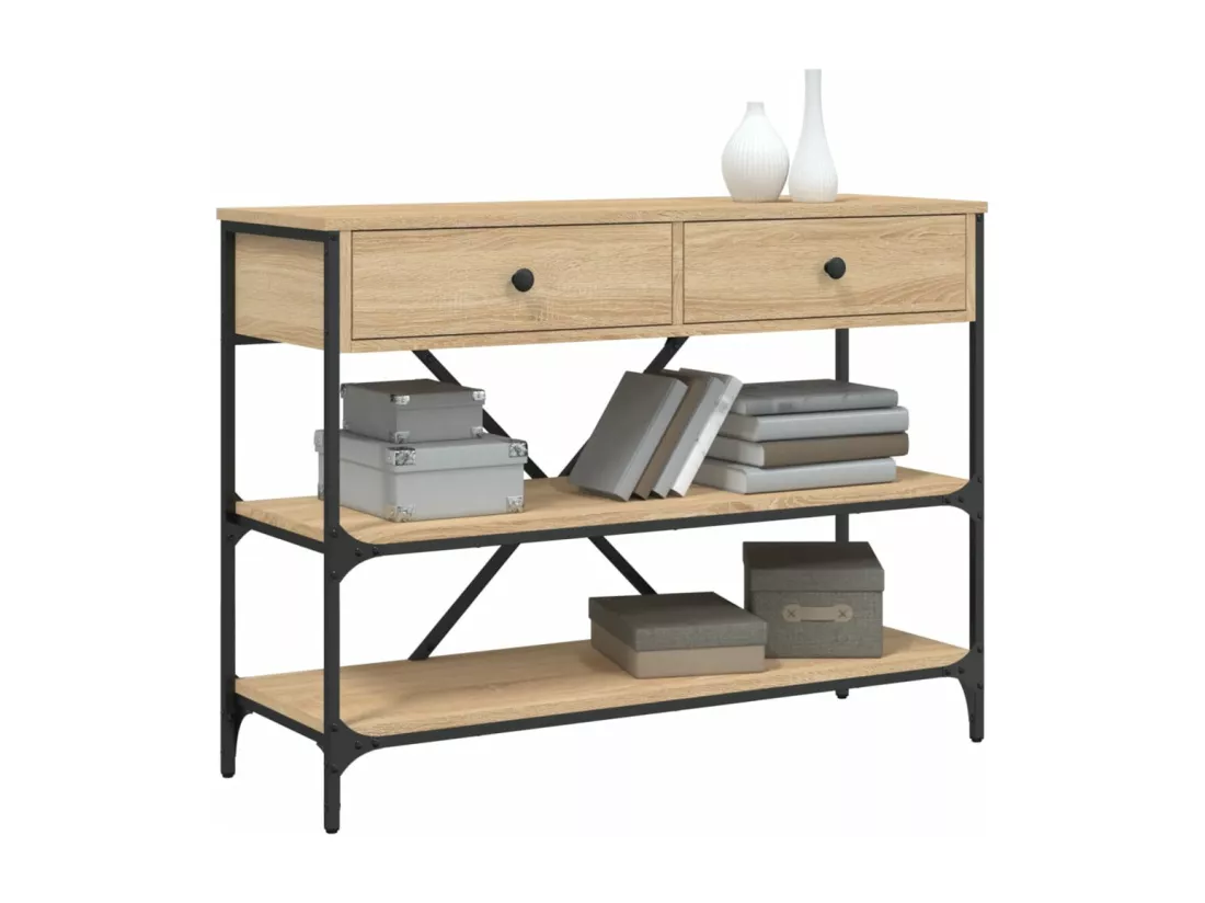 Table console avec tiroirs et étagères chêne sonoma