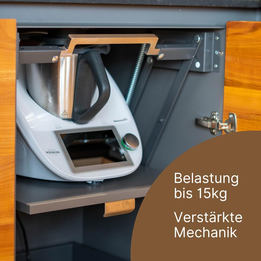 Schwenkmechanik Thermomix FixLift®, Schrankbreite 60cm, Belastung 15kg, fertig montiert mit Dekorplatte grau, verstärkte Konstruktion (patentiert), einfache Arretierung per Hand, auch für TM7 geeignet