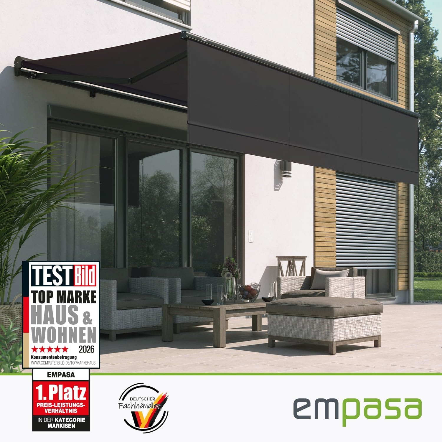 empasa elektrische Kassettenmarkise Expert Plus Markise mit WiFi-Motor Smart Home kompatibel, Terrassenüberdachung mit Volant, komplett vormontiert, Größe:3 x 2.5 m, Stofffarbe:anthrazit