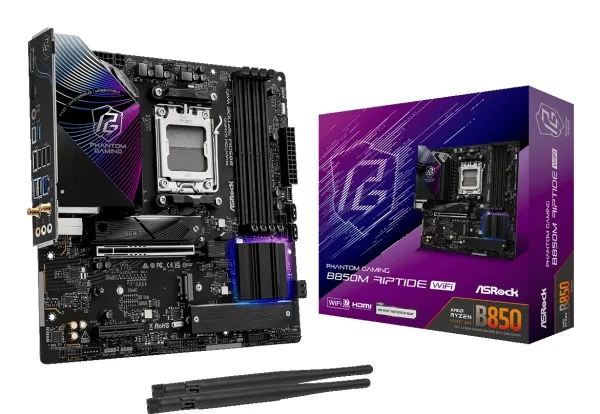 ASRock Phantom Gaming B850M RIPTIDE WIFI - Bundkort - micro ATX - Socket AM5 - AMD B850 Chipset - USB 3.2 Gen 2, USB-C 3.2 Gen2, USB 3.2 Gen 1 - 2.5 Gigabit LAN, Wi-Fi 7, Bluetooth - onboard grafik (CPU påkrævet) - HD Audio (8-kanaler)