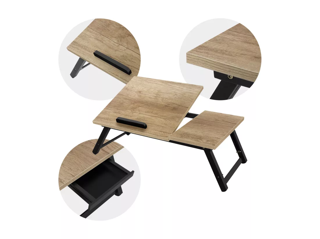 Table de lit support ordinateur portable réglable chêne en métal MDF avec tiroir