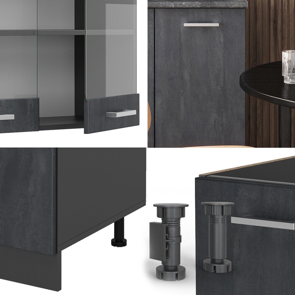 Vicco Singleküche R-Line 140 cm Schwarz Beton Anthrazit mit Arbeitsplatte Weiß-Marmor