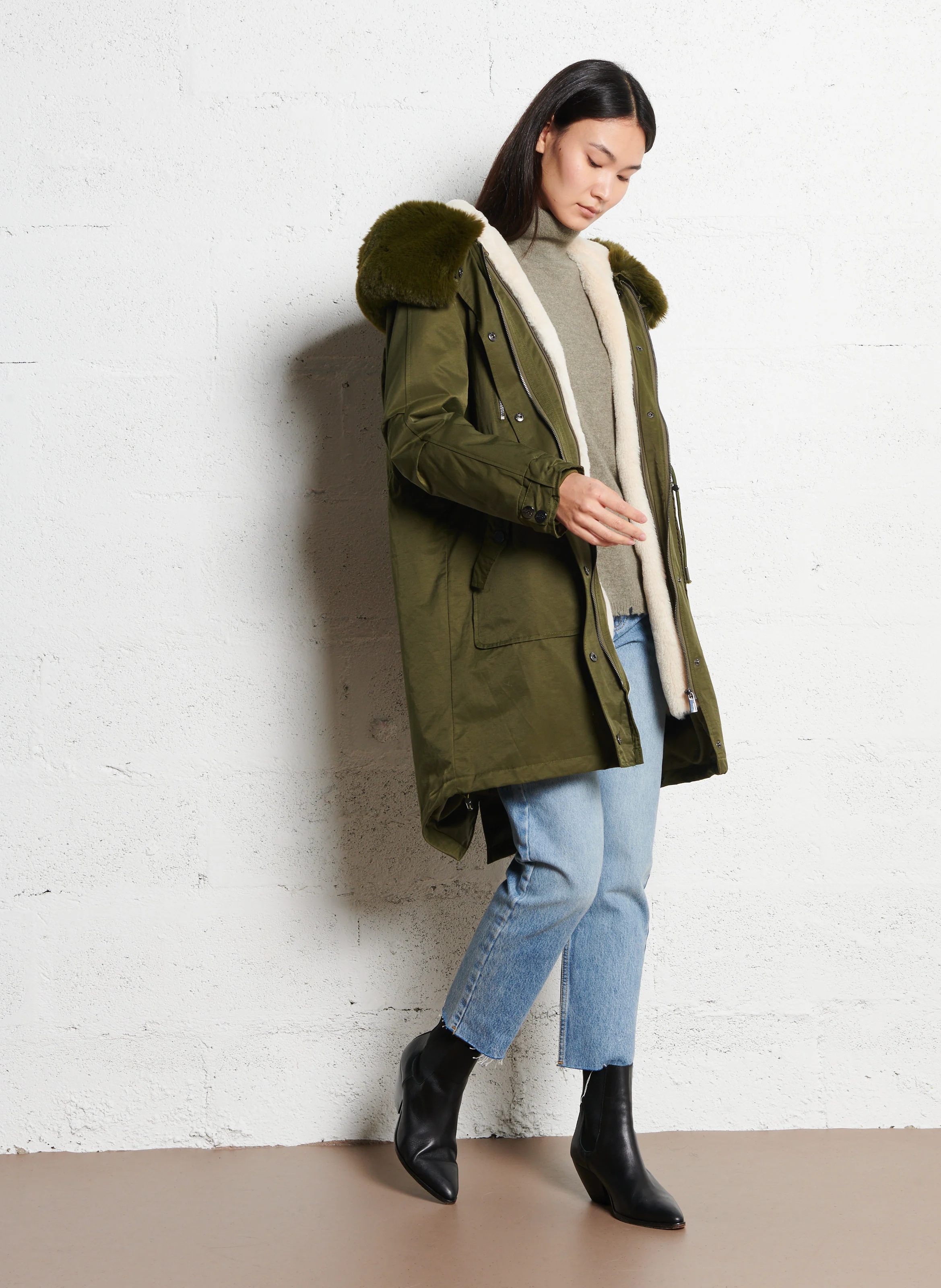 MOLKI - Parka à capuche fourrure en coton | Vert