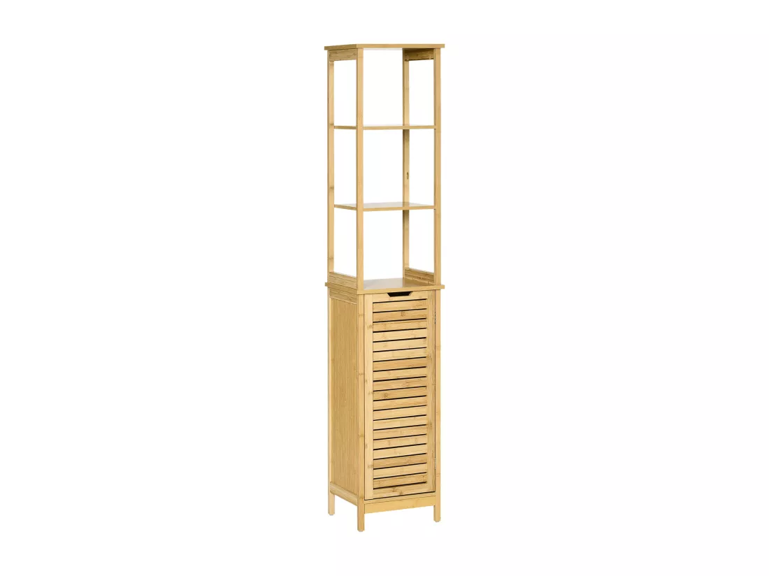 Meuble colonne rangement salle de bain style cosy dim. 34L x 30l x 173H cm porte à lattes 3 étagères bambou MDF aspect bois clair