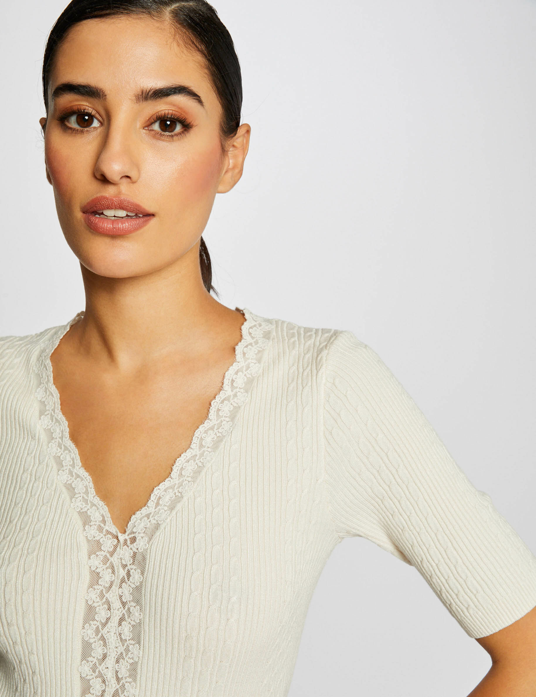 Pull manches courtes avec col en V ivoire femme - ivoire