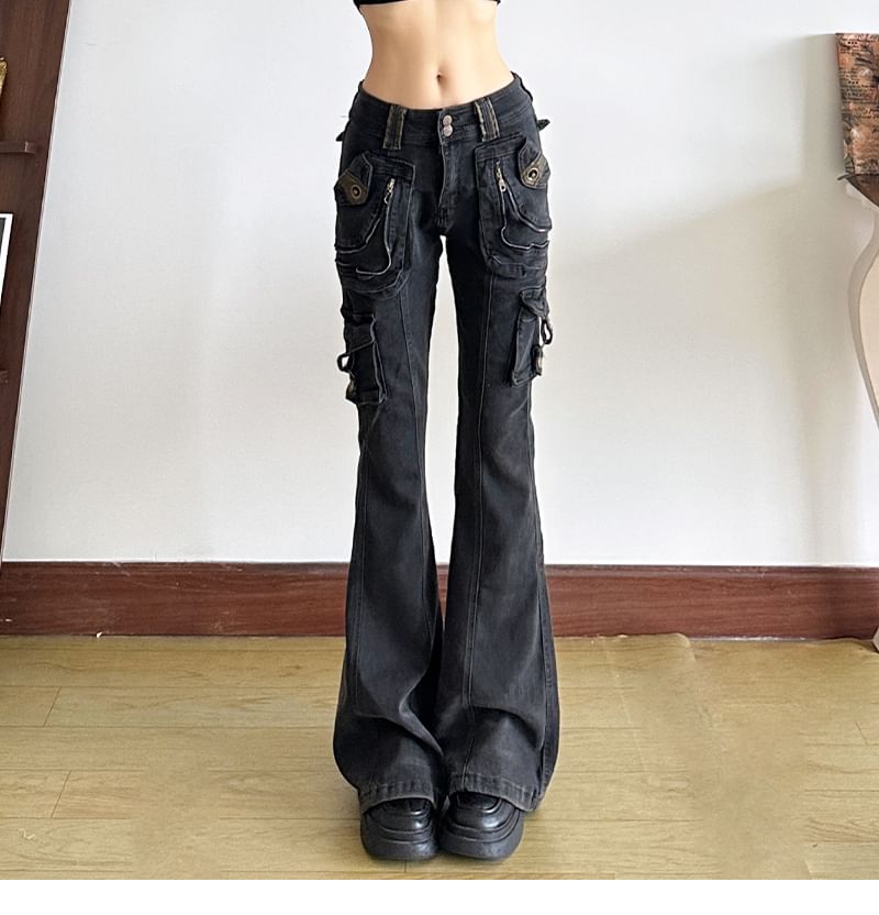 GAGAO - Low Waist Washed Bootcut Cargo Jeans
