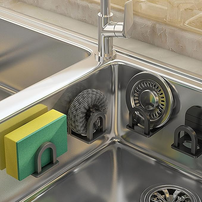 (2er Set) 50x45mm Multifunktions Spülbecken Küchen Organizer Waschbecken Halterung mit Klebe Pad für Schwamm / Bürste - Silber
