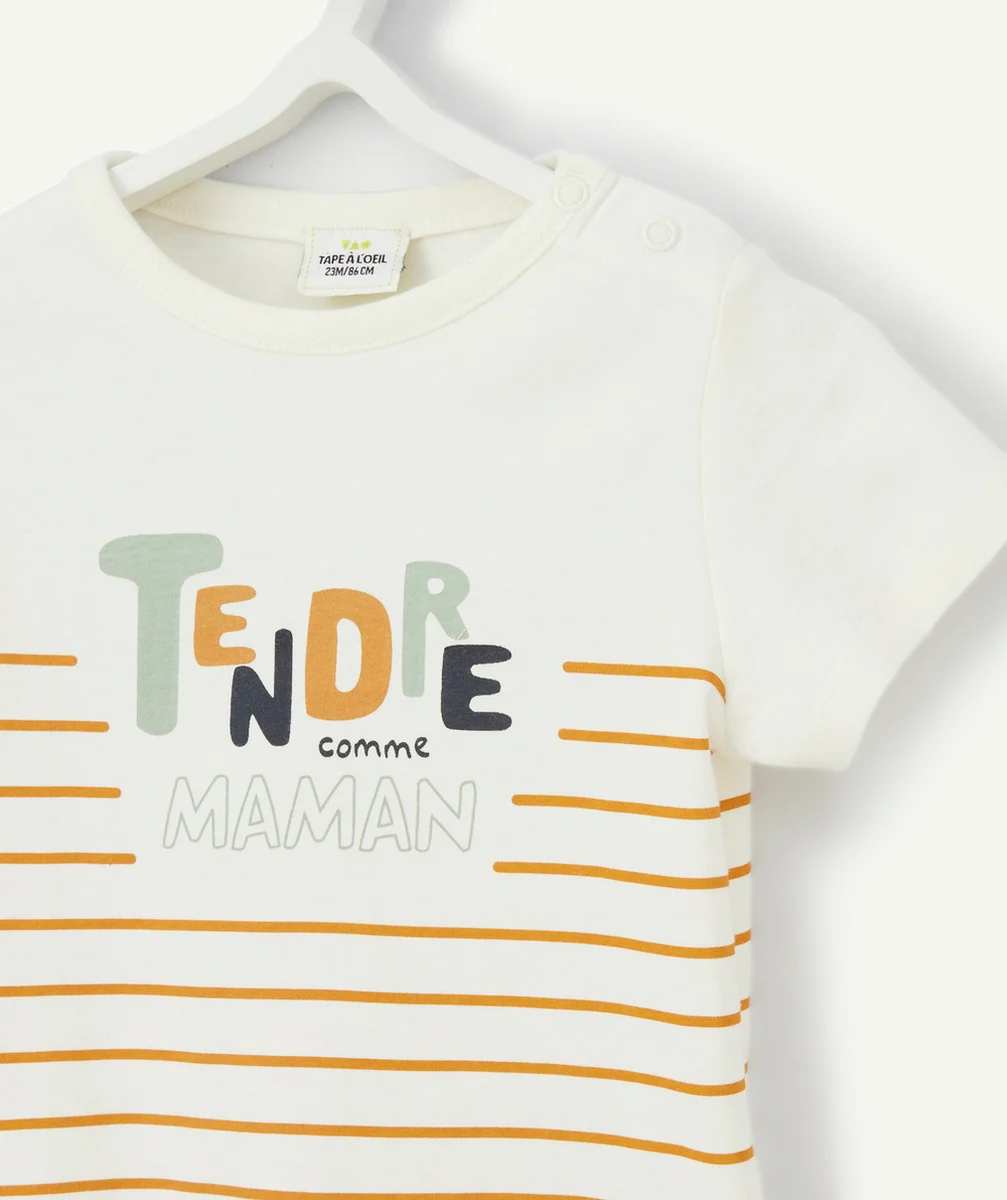T-SHIRT BÉBÉ GARÇON EN FIBRES RECYCLÉES RAYÉ ÉCRU ET CAMEL