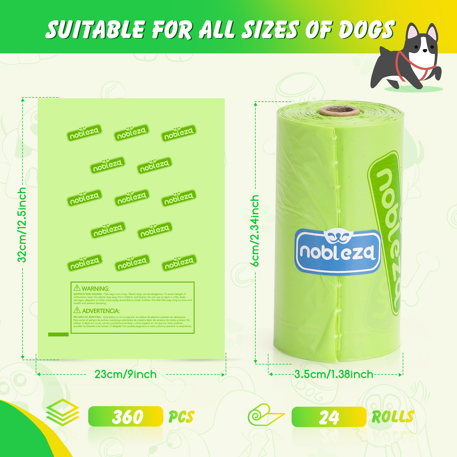 Sacos para Fezes de Cachorro Nobleza, 360 Unidades, Sacos Biodegradáveis para Fezes de Cachorro com 1 Dispensador, Sacos Extra Grossos para Excrementos de Cachorro, Resistentes e Impermeáveis, 24 Rolos/360 Unidades