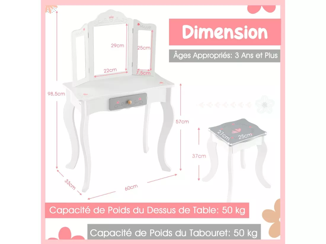 2 en 1 Coiffeuse Enfants avec Tabouret & Miroir Détachable à 3 Volets, Table de Maquillage en Motif Couronne avec 10 Jouets d'Habillage, Tiroir Pratique, Charge 50kg pour Enfants de 3 Ans+