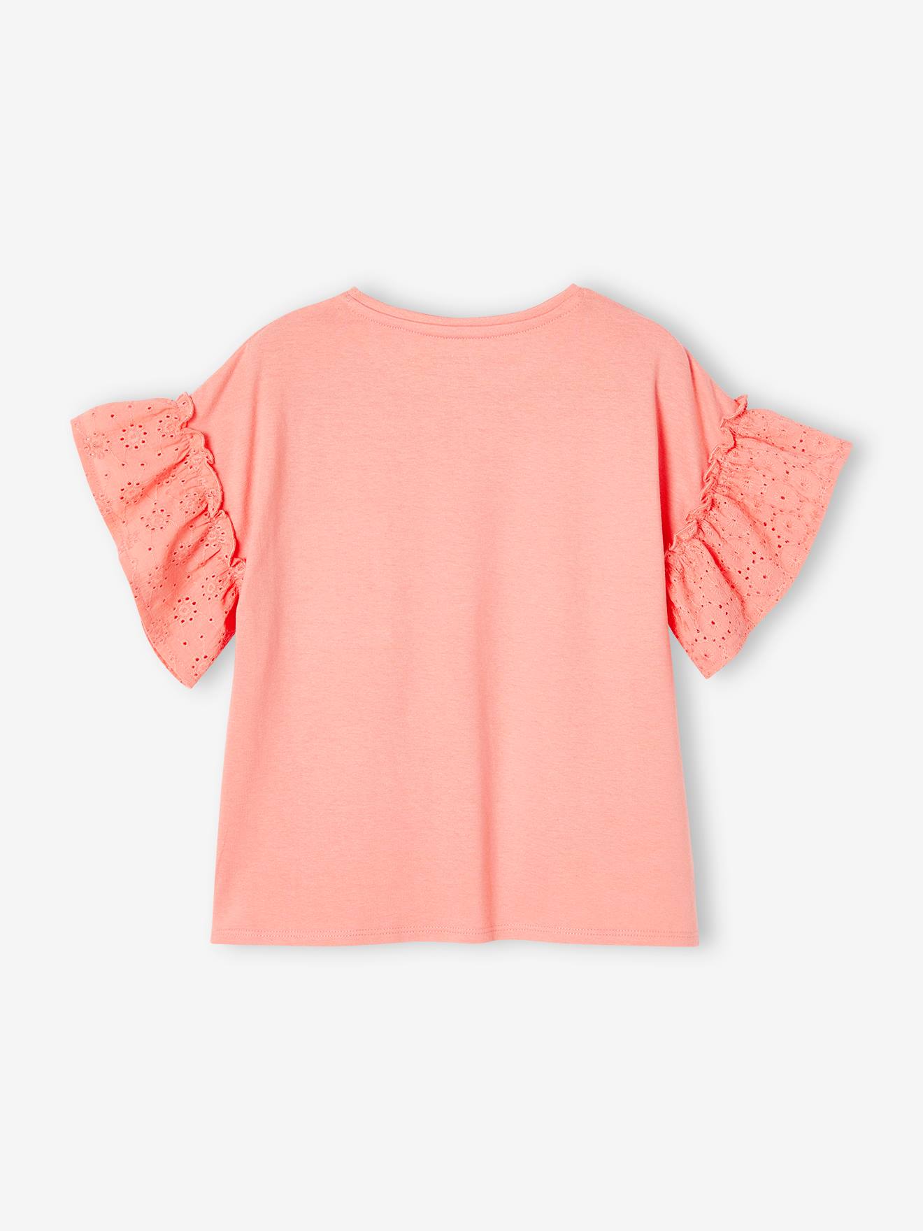 Camiseta off-white com mangas bufantes e bordado inglês para meninas
