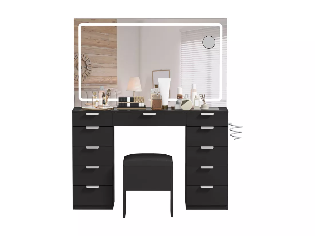 YITAHOME Coiffeuse avec Éclairage LED - Coiffeuse avec Miroir - Table de Maquillage avec Prise Électrique - 11 Tiroirs - Noir
