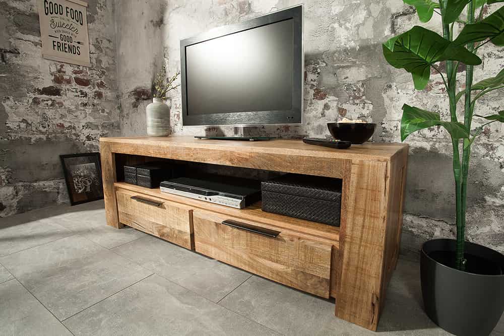 Massives TV-Board IRON CRAFT 130cm Mangoholz Lowboard 2 Schubladen