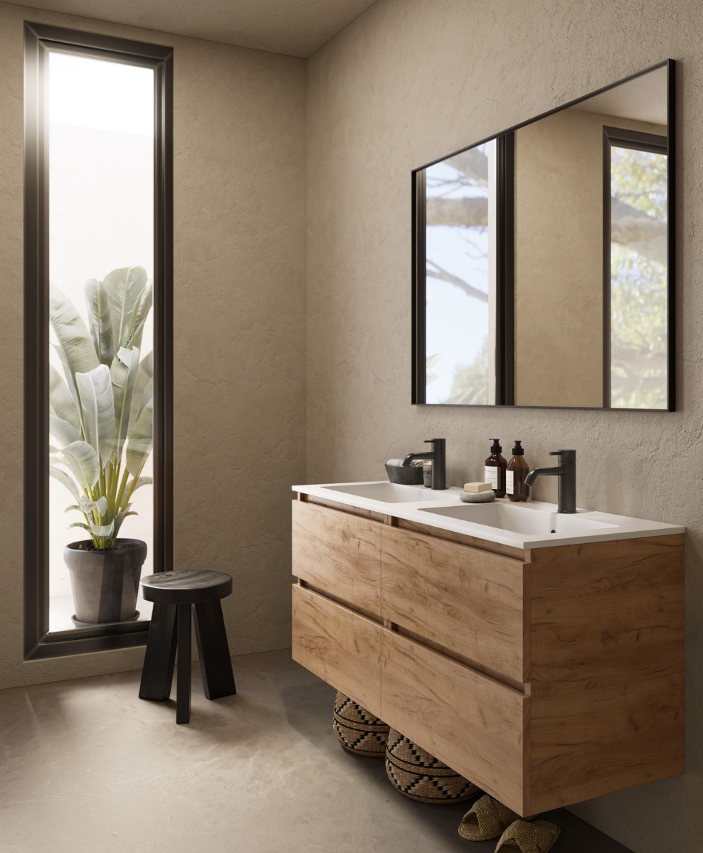 Saniclear Cosmos fine stone wastafel dubbel 120x46cm met kraangaten mat wit