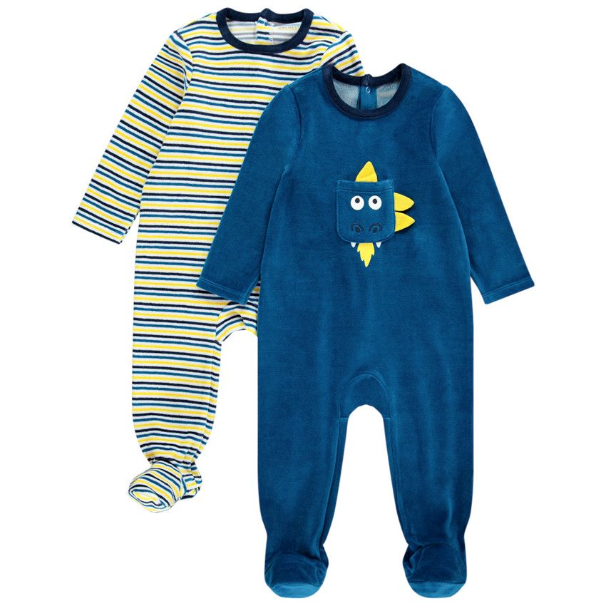Lot de 2 dors-bien en velours rayé et bleu pour bébé garçon - Bleu marine