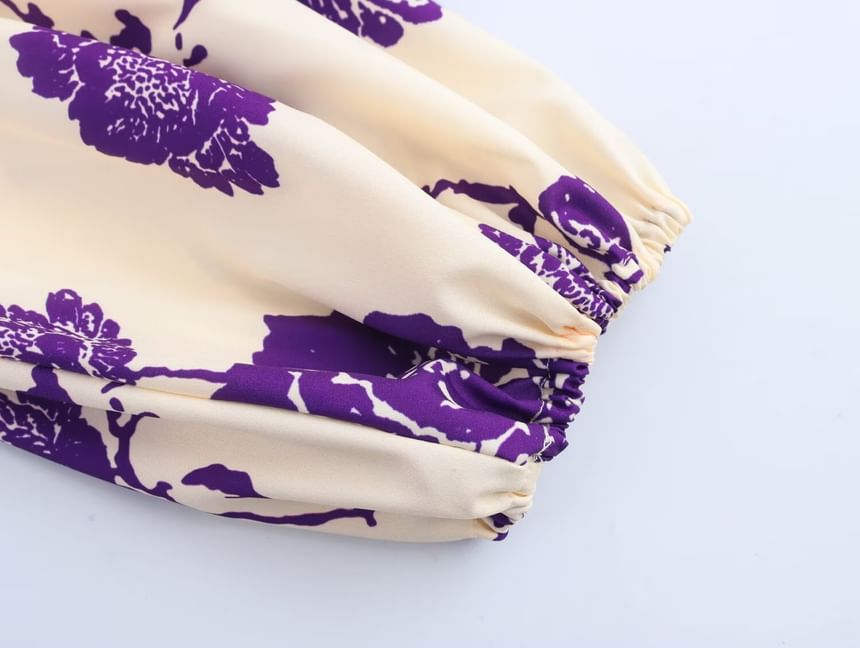 Cumulys - Midi-A-lijnjurk met lange mouwen, V-hals en bloemenprint