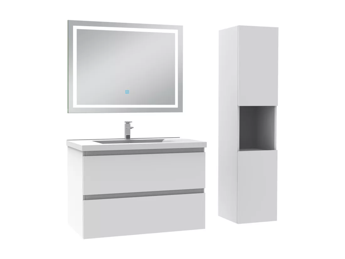 Ensemble meuble salle de Bain 80cm avec colonne et miroir 3 couleurs blanc