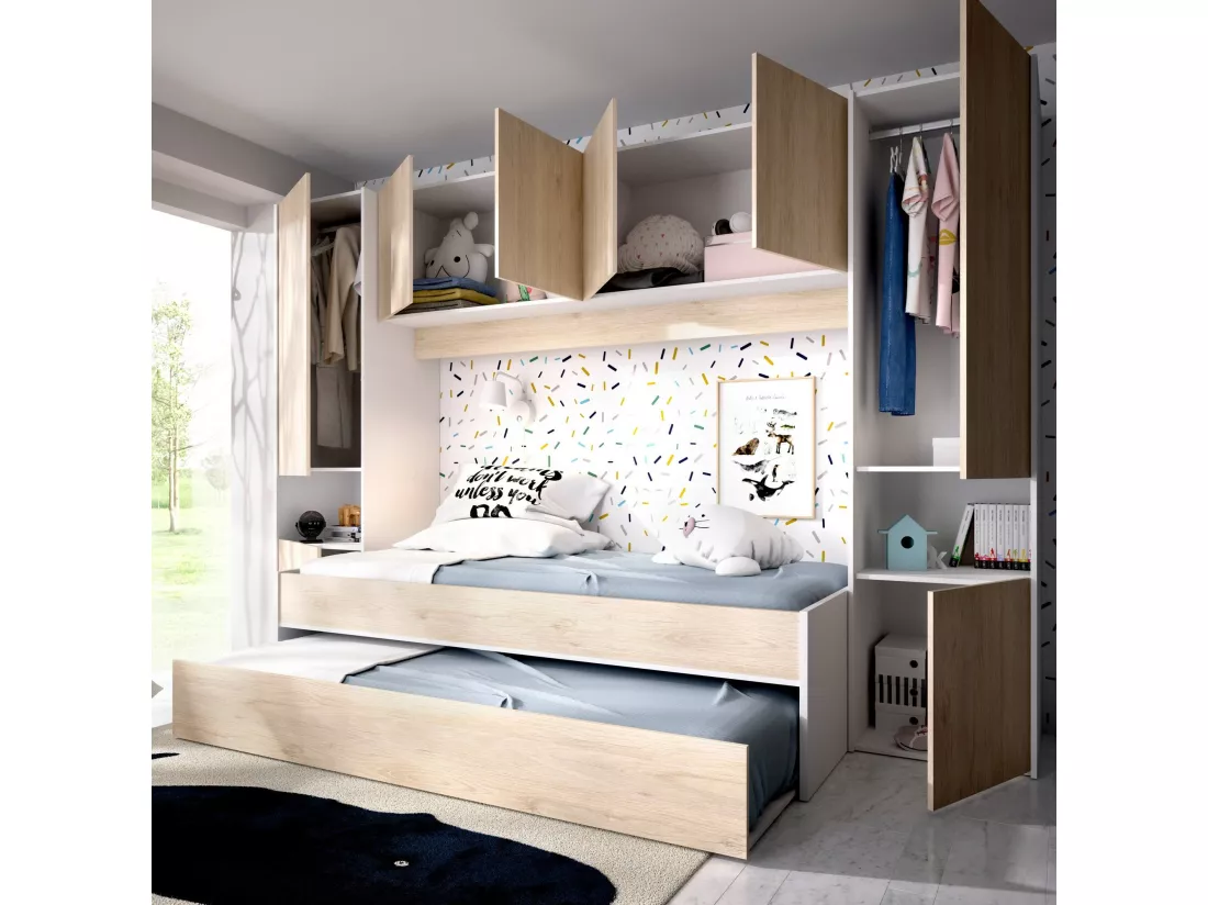 Lit enfant Venturosa, Chambre complète avec armoire bridge et commode, Composition avec lit et lit simple extractible, 303x97h203 cm, Chêne et Blanc