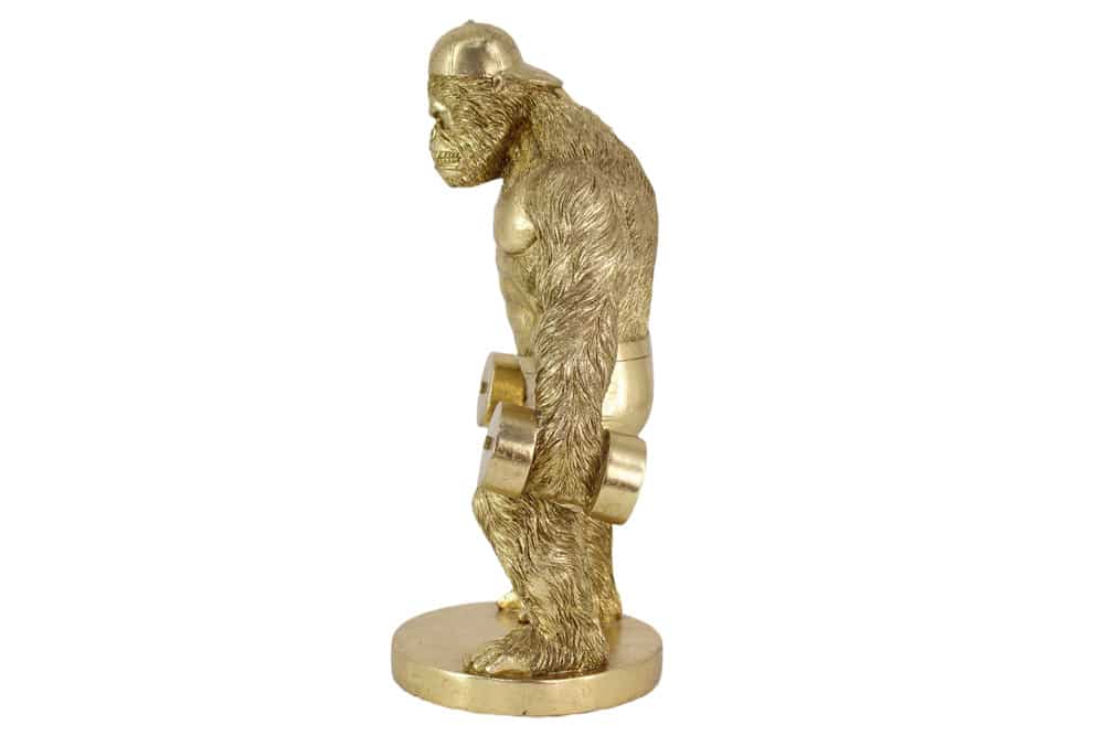 Deko-Figur KING APE 35cm gold Gorilla mit Hanteln handmade