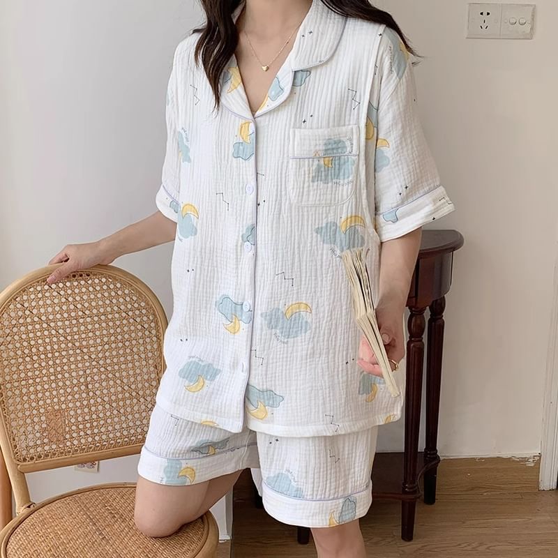 Dazzli - Pyjamaset: shirt met korte mouwen, kraag en print + shorts met elastische taille