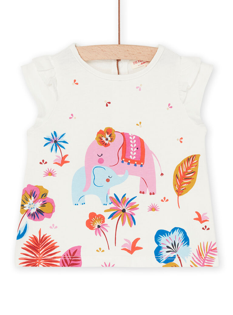 T-shirt écru à motifs éléphants et fleurs