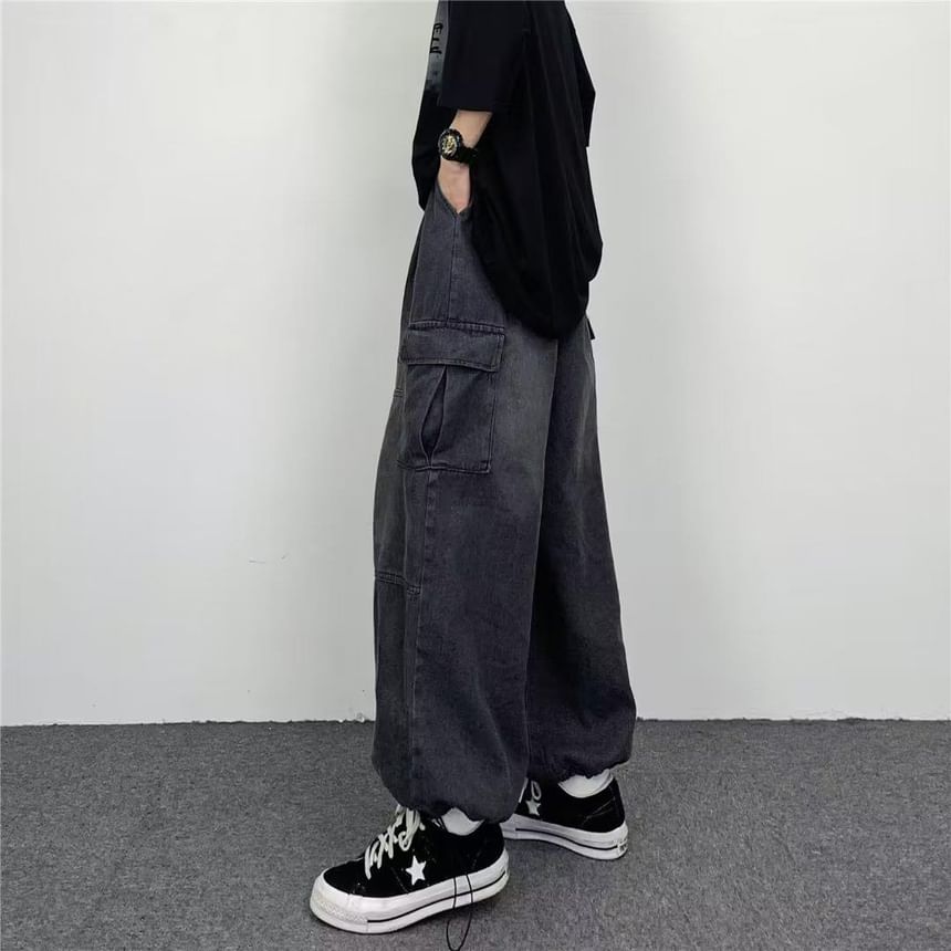 Kenning - Low Rise Washed Wide Leg Cargo Jeans