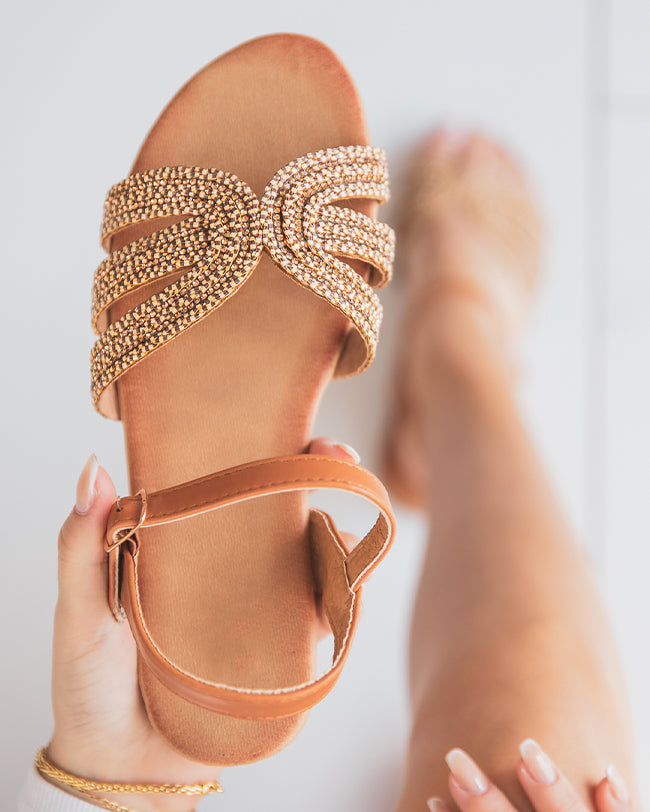 Sandale plate femme brillante camel - Leanna