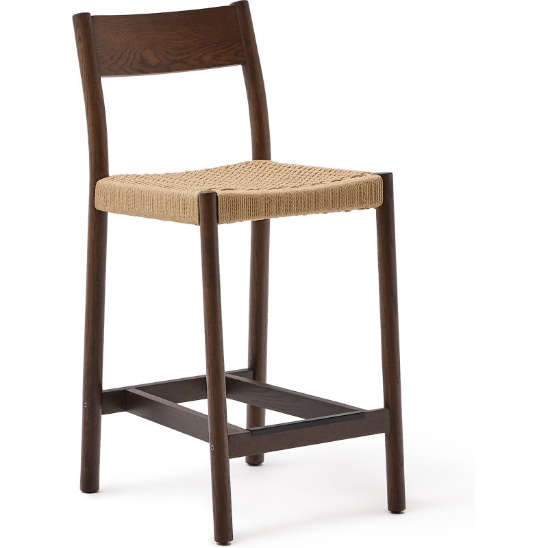 Tabouret Yalia dossier en bois de chêne finition noyer et assise en corde 65 cm