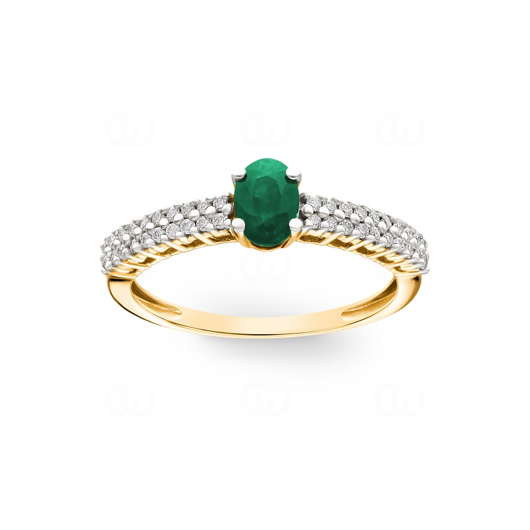 Damenring 750/18 K Gelbgold mit Smaragd oval und Diamanten 0.16 ct H/si