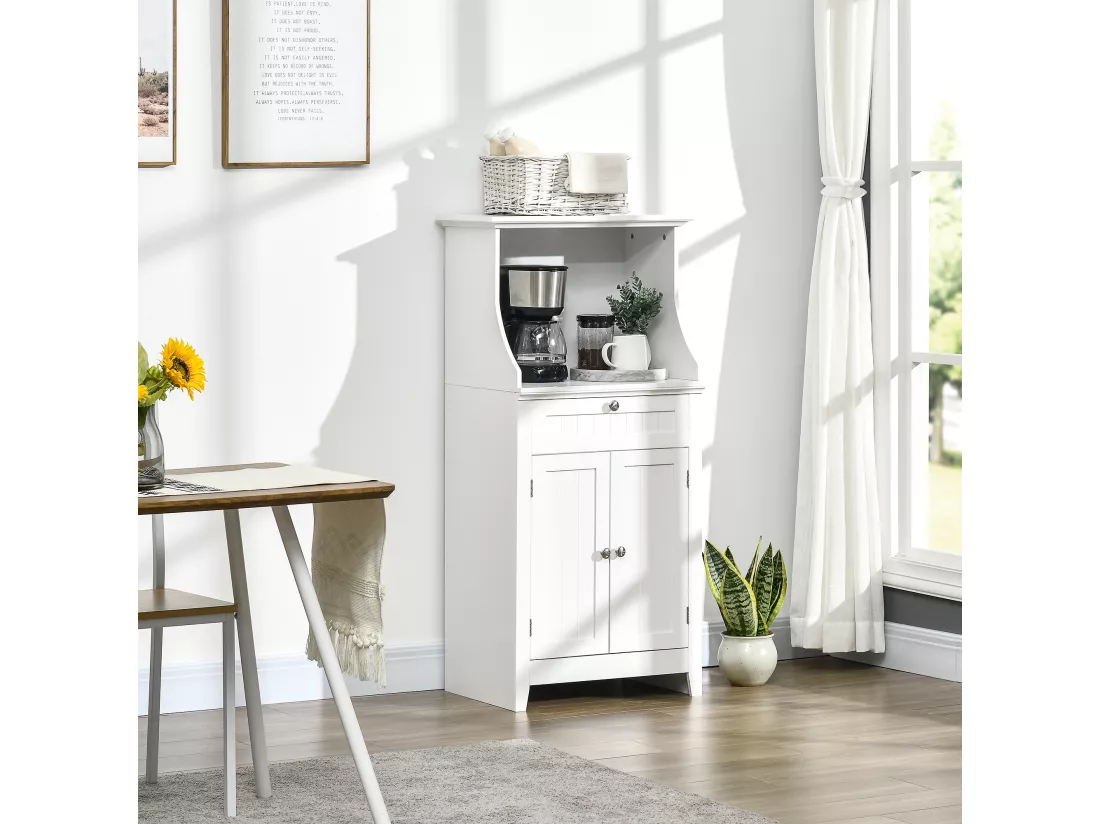 Meuble micro-ondes pour cuisine - tiroir, 2 portes, niche - dim. 60L x 40l x 122,5H cm - MDF blanc