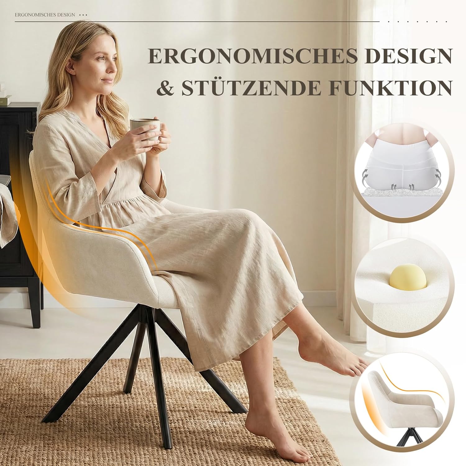COLAMY Drehbare Esszimmerstühle 2er Set, Esszimmerstühle Drehbar mit Armlehne, Armlehnstuhl Drehbar mit Rückenlehne für Esszimmer, Stühle aus Weichem Florstoff mit Metallgestell für Küche, Beige