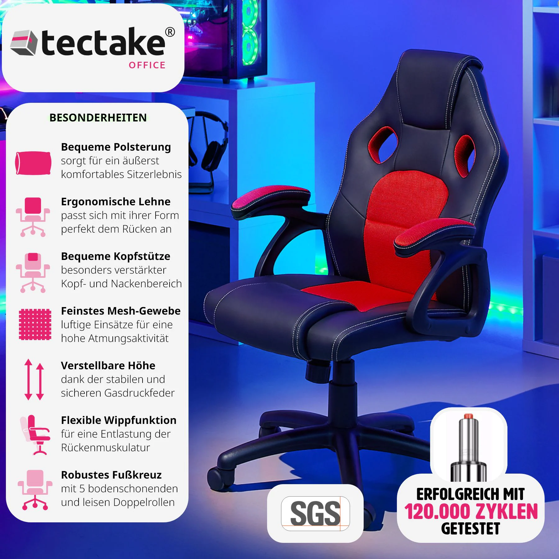 tectake® Bürostuhl, ergonomische Form, Kunstlederbezug mit Mesh-Gewebe, stufenlos höhenverstellbar