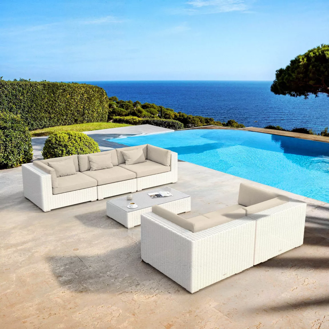 Salon de jardin en résine tressée 5 places 6 pcs Palma Blanc et beige