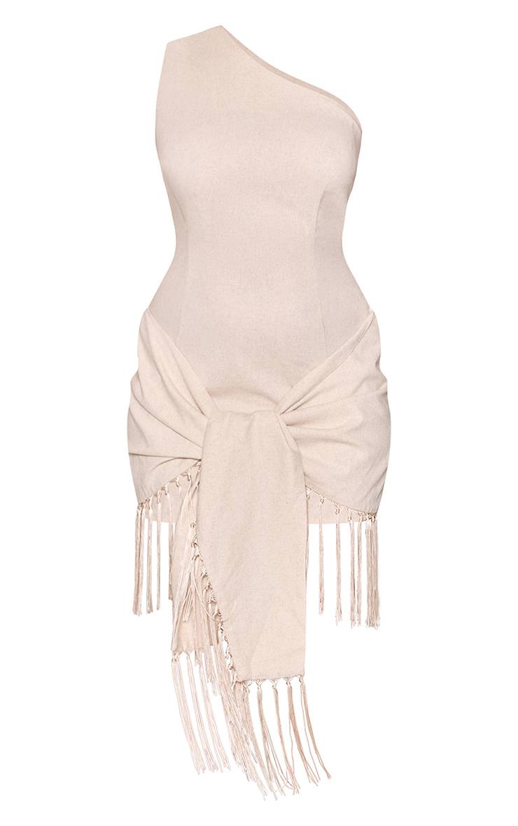 Crème Robe Mini Asymétrique À Ourlet À Pompons Aspect Lin Shape