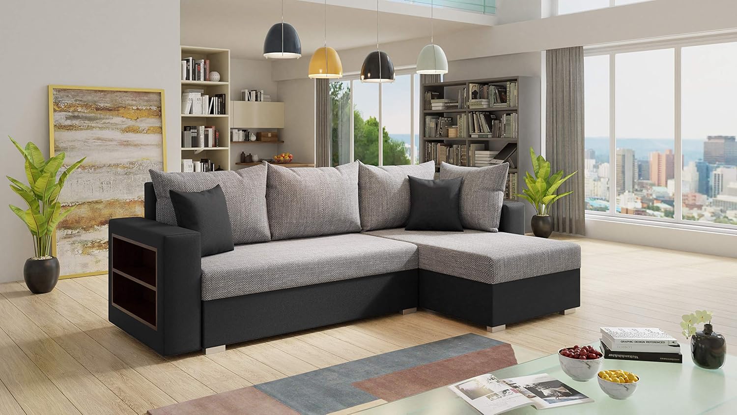 Ecksofa Lord mit Regal und Schlaffunktion - Sofa mit Bettkasten, Schlafsofa, Polsterecke, Couch L-Form, Couchgarnitur, Sofagarnitur (Schwarz + Grau (Dolaro 08 + Berlin 01), Ecksofa Rechts)