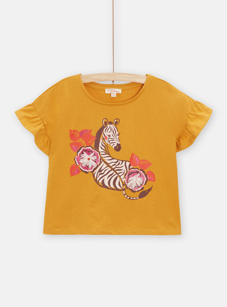 T-shirt jaune animation zèbre et fleur pour fille