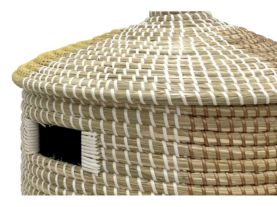 Panier en jonc de mer avec couvercle - D. 39 x H. 71 cm - Naturel, jaune et blanc - JALIO