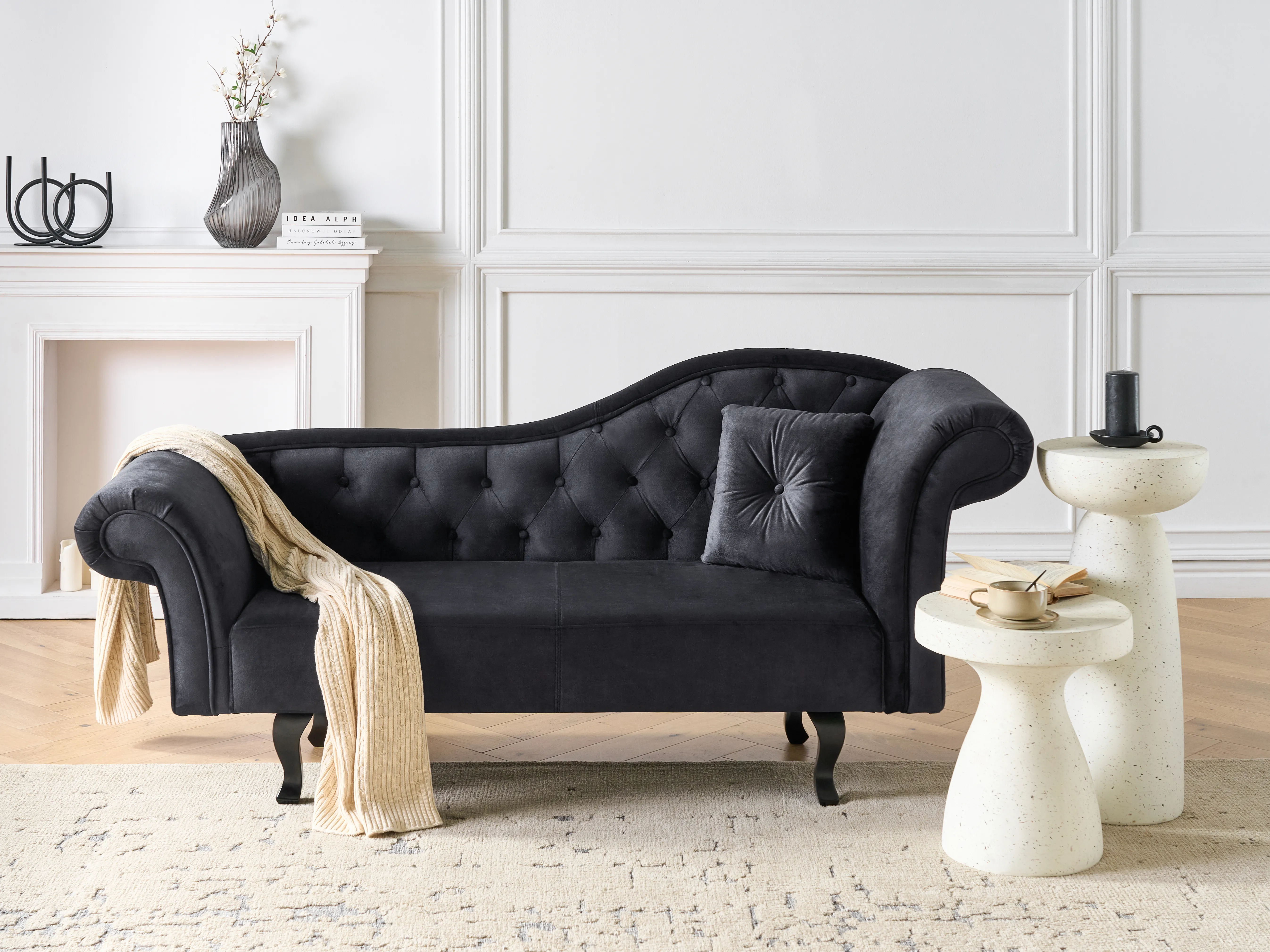Rechtszijdige chaise longue LATTES II Fluweel Zwart met kussen